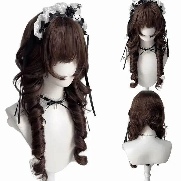Perruque Lolita avec frange tête de méduse cheveux longs bouclés Fibers haute température