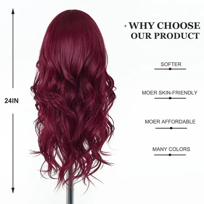 Perruque synthétique couleur vin rouge avec grandes boucles pour fête