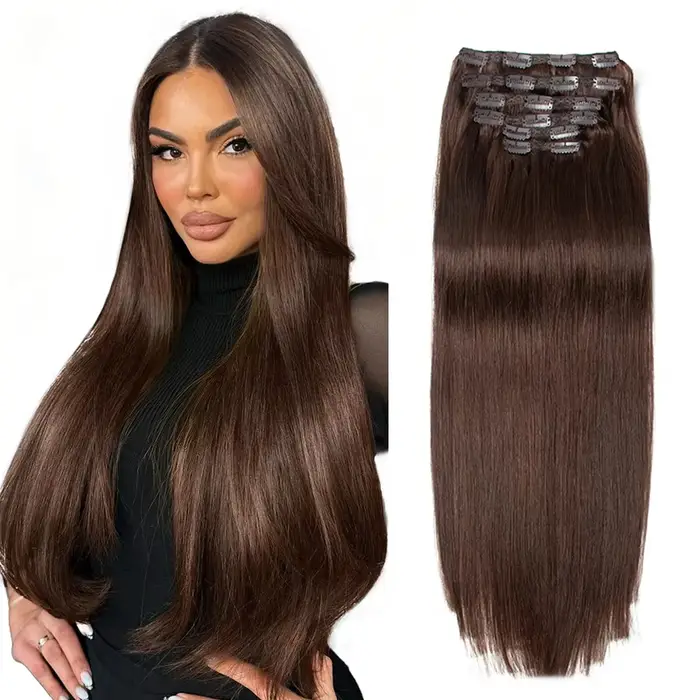 Extensions de Cheveux Humains à réinitialisation Brun Foncé, Grand Volume Sans Couture, Tête Complèt