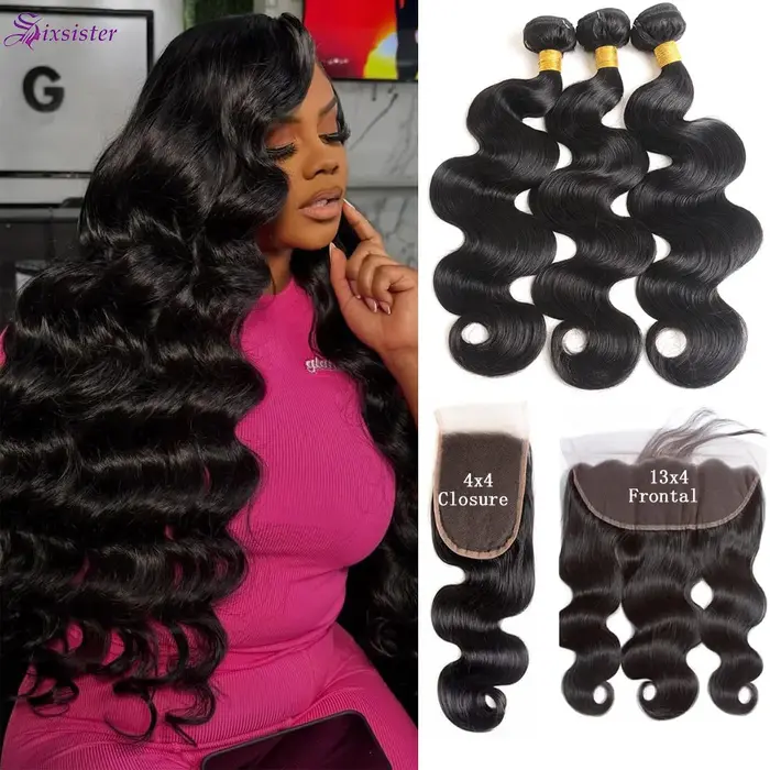 Lot de 3 Bundles de Cheveux Humains Ondulés avec Closure Frontale 100% Cheveux Vierges, 3 Bundles av