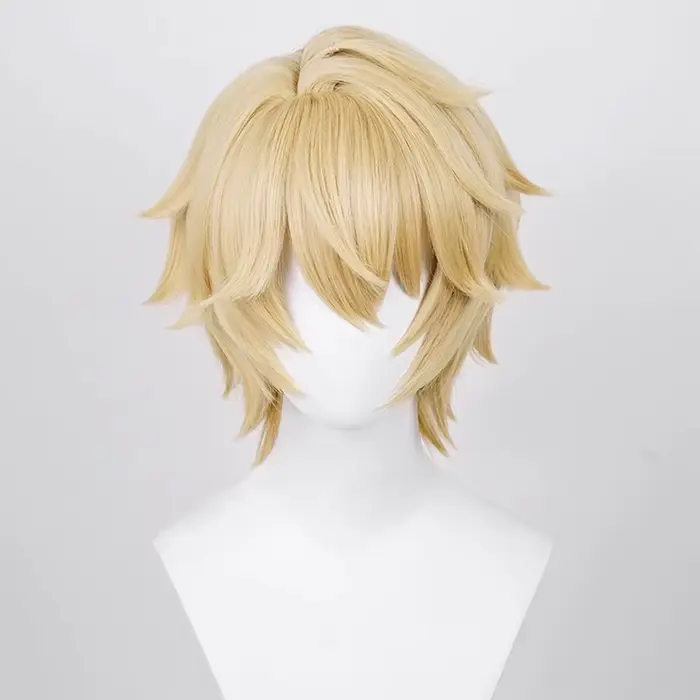 Perruque Synthétique Blonde Courte Droite avec Frange pour Homme, Anime Game Cosplay Fluffy, Perruqu