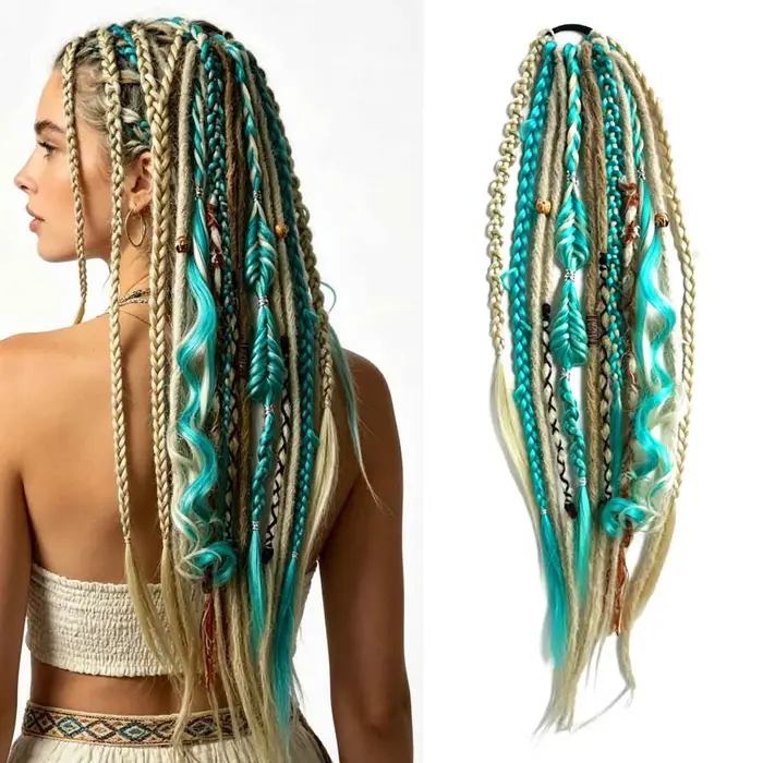 Queue de cheval ombrée synthétique tressée style bohème hippie avec perles en bois et décorations à pompons pour femme