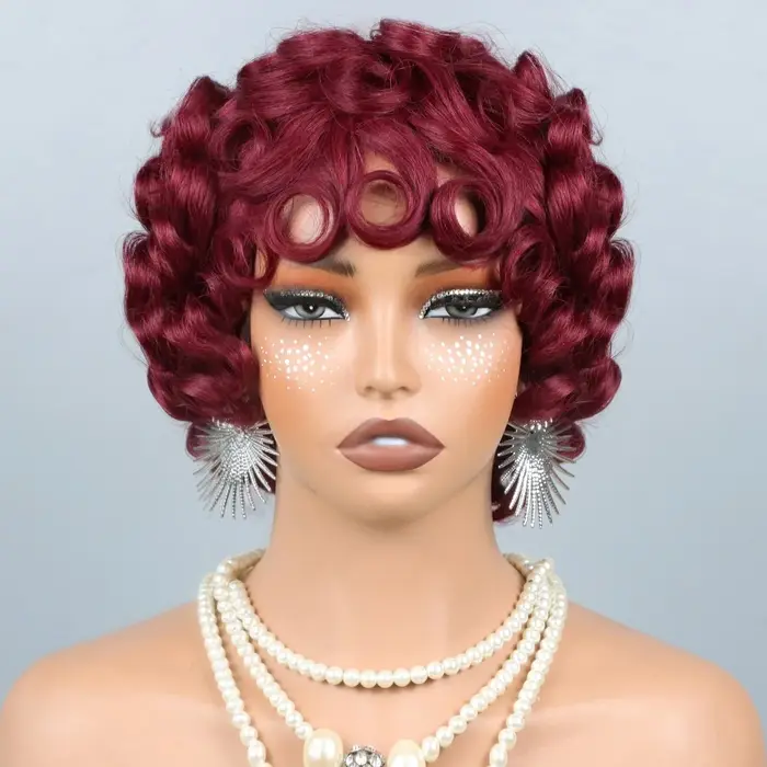 Perruques Courtes en Cheveux Humains Bourgogne 99J pour Femmes Noires