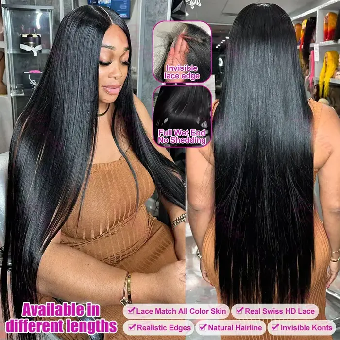 Perruques frontales en dentelle droite 13x6 HD 100% cheveux humains 30 40 pouces naturel noir brésil