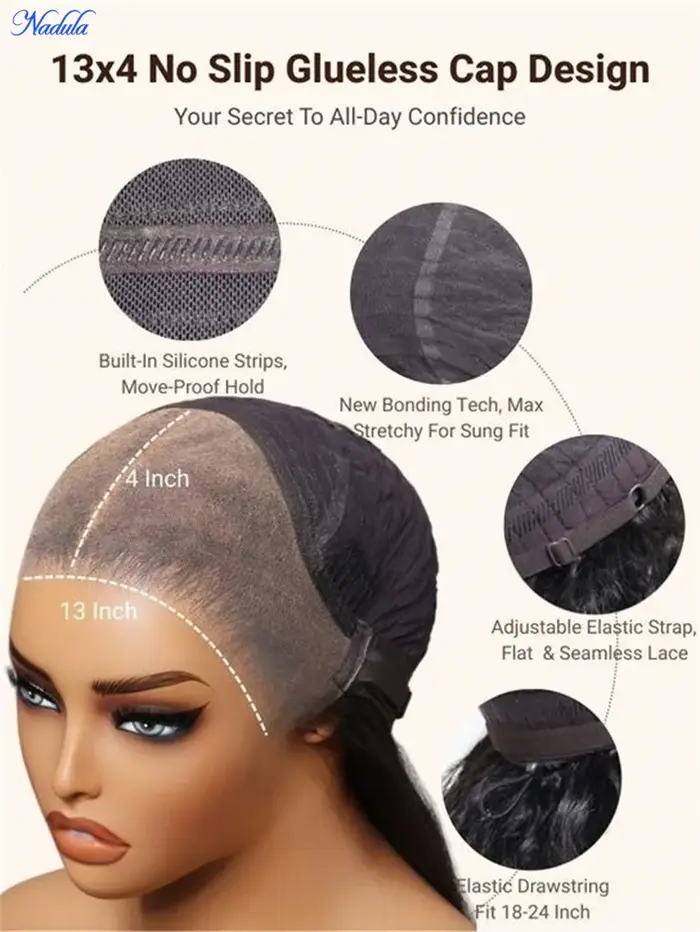 Perruque sans colle Nadula 13x4 avec mèches blond miel, texture douce et ondulée, dentelle frontale,