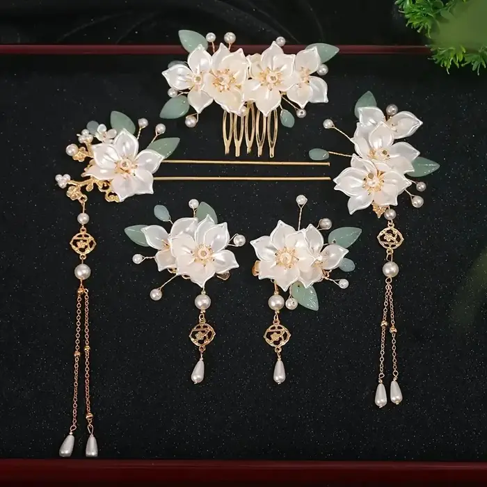 Ensemble de 5 pièces avec motifs floraux et pompons vintage, accessoires pour cheveux Hanfu faits à 