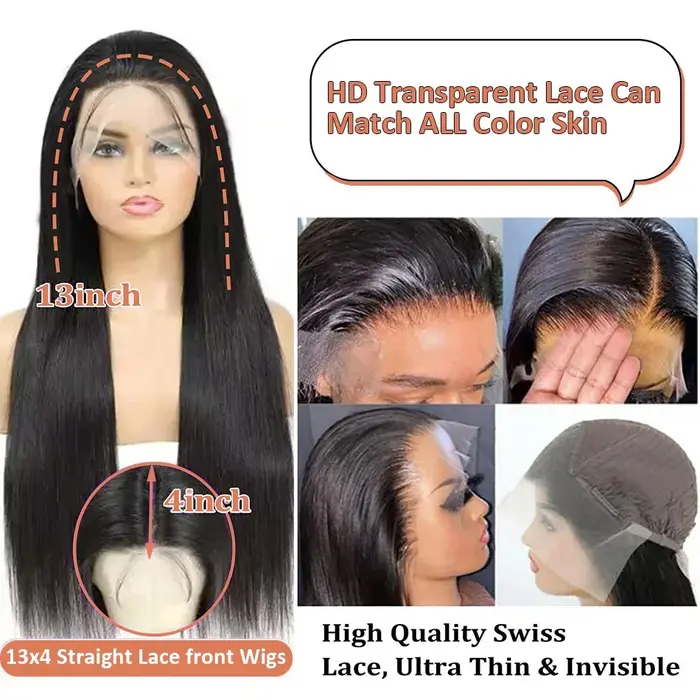 250 densité 13x4 13x6 Transparent os droit 30 40 pouces dentelle avant perruques de cheveux humains 