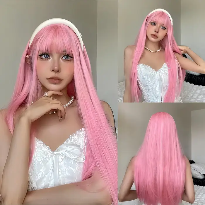 Perruque synthétique longue et lisse rose clair pour fête costumée de cosplay d'Halloween