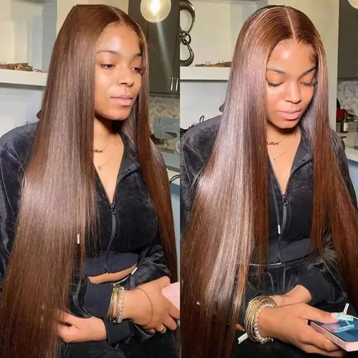 Perruque Lace Frontal Wig naturelle brésilienne Remy, cheveux lisses, brun chocolat, 13x6, pre-pluck