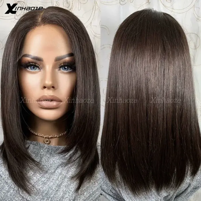 Perruque Bob Lace Wig brésilienne Remy naturelle, cheveux courts lisses, brun foncé #2, 13x4/13x6