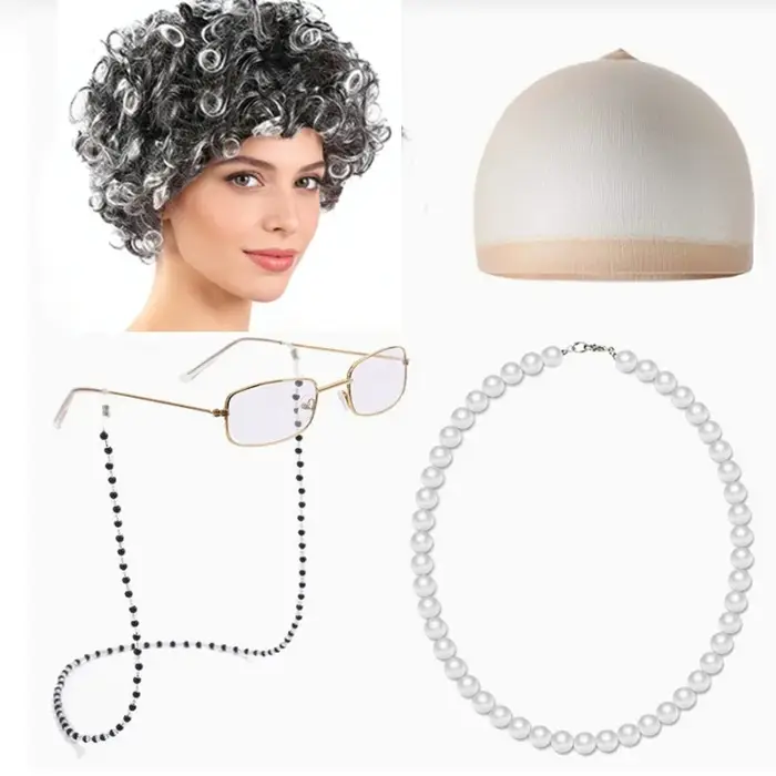 Ensemble de perruques pour déguisement de vieille dame : 5 pièces synthétiques pour cosplay de grand-mère (cheveux