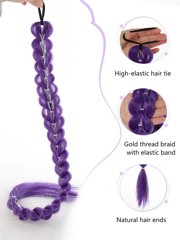 32 pouces tressé violet cheveux queue de cheval avec guirlandes perruque Super Extensions brillant
