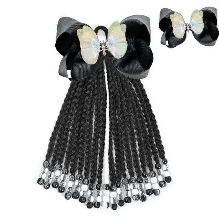Extension de queue de cheval pour enfants avec perles - Extensions de cheveux de tresses en boîte de 19 brins avec clips à nœud - Coiffure de protection de 9 pouces pour filles