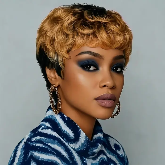 Perruque Pixie Cut en cheveux humains bouclés ondulés avec frange
