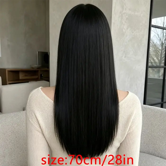 Perruque synthétique noire pure de 28 pouces avec une raie naturelle au milieu