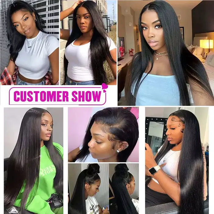 Extensions de cheveux humains lisses en lots de 28, 30, 32 pouces avec frontal en dentelle 13x4, tis