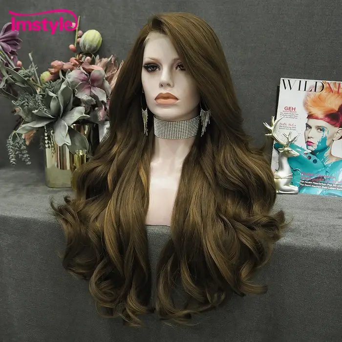 Imstyle-Perruque Synthétique Lace Front Wig pour Femme, Cheveux Longs Naturels Ondulés, Fibre de Degré de Chaleur, localité, Brun Mixte, 03/Wigs