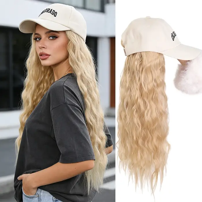Perruque tressée style Box Braids avec casquette de baseball beige – Perruque-chapeau en fibre synthétique