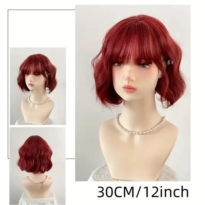 Perruque synthétique courte bouclée rouge framboise