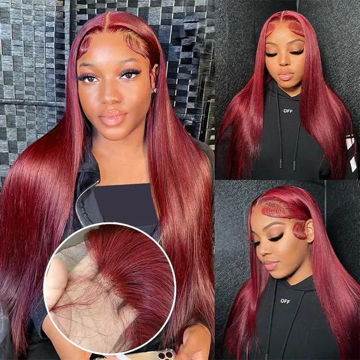 Perruque Lace Front Wig naturelle brésilienne, cheveux lisses, rouge bordeaux 99J, 13x6, 30 40 pouce