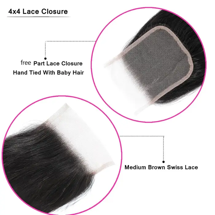 Mèches Brésiliennes Naturelles Lisses avec Closure, Cheveux de Bébé, 100% Non Traités, 4x4, 3 Lots