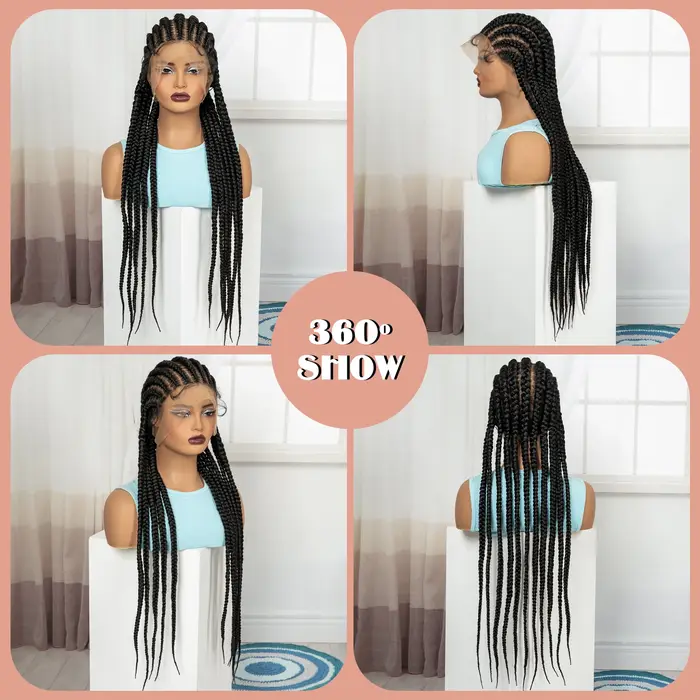 Perruques tressées Full Lace Cornrow 32 pouces, perruques synthétiques tressées sans nœuds, tresses 