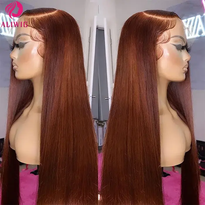 Perruque Lace Frontal Wig brésilienne naturelle, cheveux lisses, brun rougeâtre, 13x4, sans colle, H
