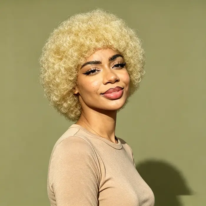 Perruque courte bouclée afro blond miel, volumineuse, style pixie crépu avec frange, bonnet ajustabl