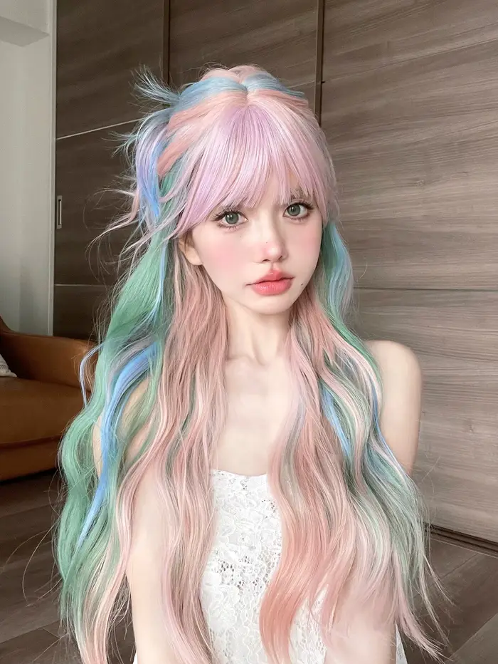 Perruques synthétiques multicolores de couleur arc-en-ciel irisée de 28 pouces avec frange, cheveux 