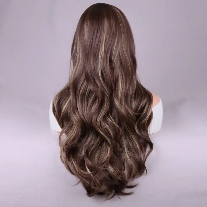 Perruque ondulée longue à reflets bruns mélangés pour femmes, perruque synthétique bouclée naturelle en Fiber résistante à la chaleur pour un usage quotidien