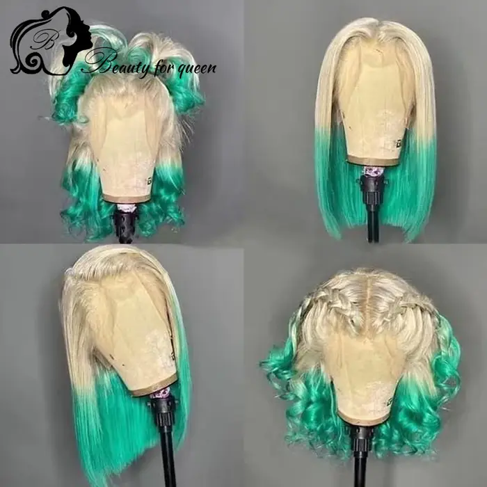 Miel Blonde Ombre 60 rose bleu violet couleur 13x4 dentelle avant perruques de cheveux humains pour femme jaune vert
