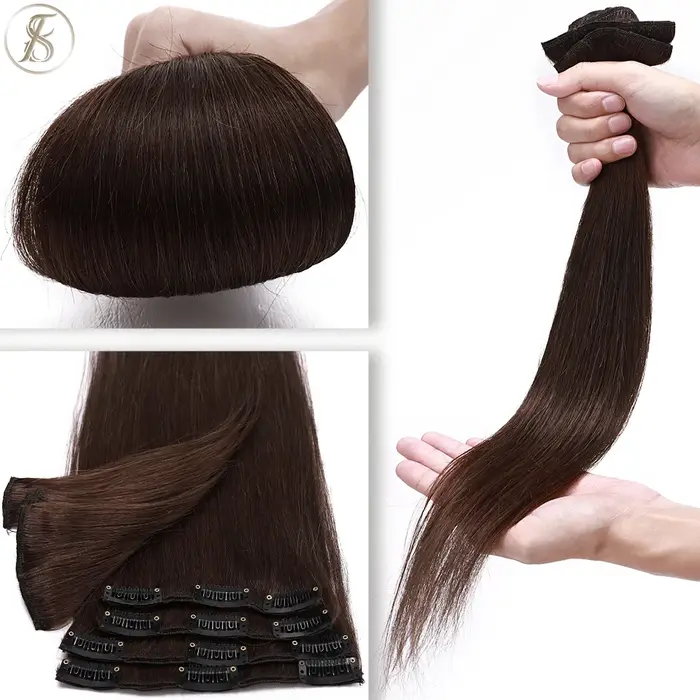 TESS-Extensions de Cheveux Naturels Lisses à réinitialisation, Postiche, Tête Complète, Surbrillance Fine, 50-80g, 8 Pièces/Ensemble