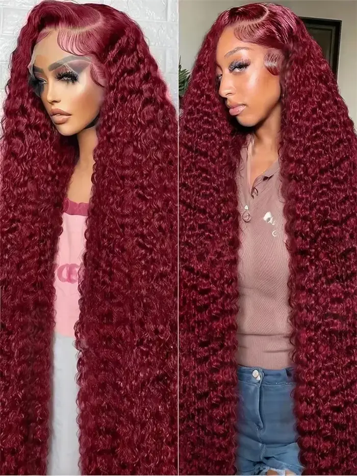 99J bordeaux 13x6 hd dentelle frontale perruque vague d'eau bouclés 13x4 rouge Remy cheveux humains 