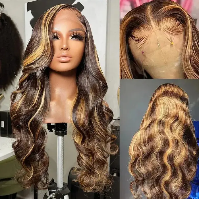 Perruques frontales en dentelle HD 13x6, ondulées, 30 pouces, avec mèches, en cheveux humains brésil