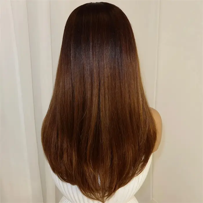 Perruque de fête synthétique Ombré Marron Miel, Lace Front HD, Lisse et Douce, Sans Colle, Ligne de