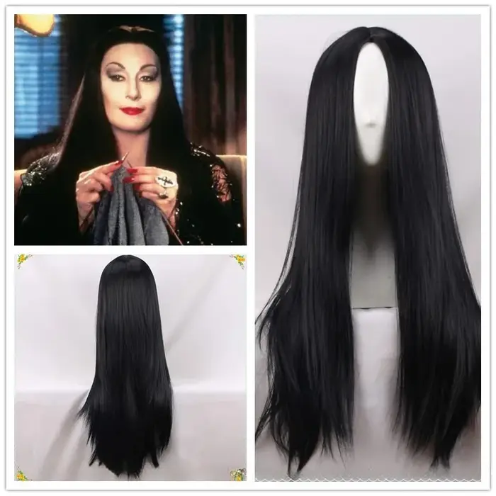 Halloween femmes Addams famille Cosplay perruque Morticia Addams perruques noir longue droite partie