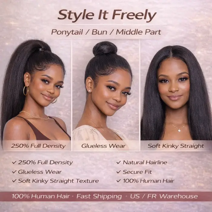 Perruque sans colle 360 Kinky Straight, densité 250, dentelle HD, sangle invisible, dentelle pré-cou