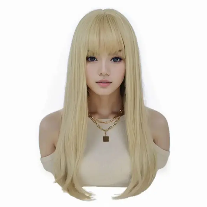 Perruques synthétiques blondes longues pour femmes, perruque lisse et soyeuse avec frange, perruque 