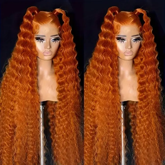 Perruques Lace Front 13x6 en cheveux humains pour femmes, bouclées orange gingembre, Deep Wave, Perr