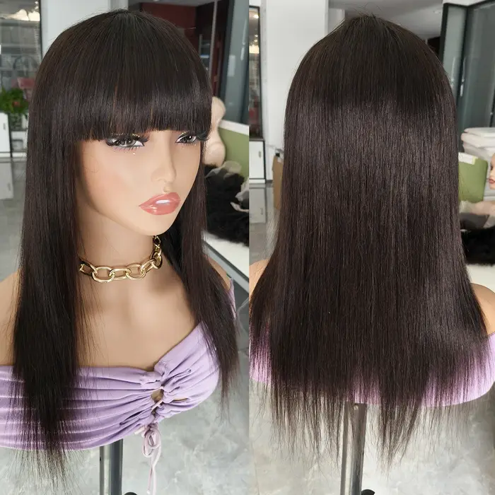 100% perruques de cheveux humains perruque courte avec Bang couleur noire naturelle droite faite à la Machine