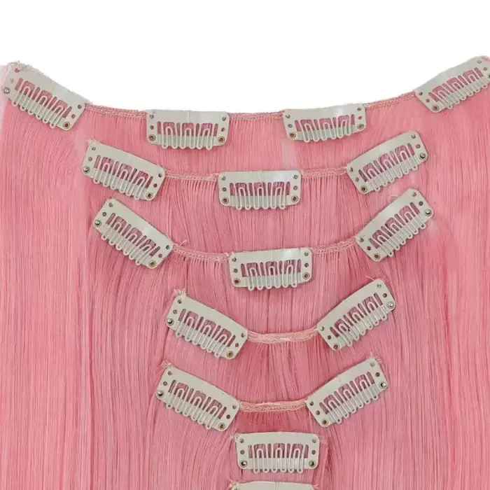 7 Clips dans les Extensions de cheveux longue coiffure droite rose 60CM