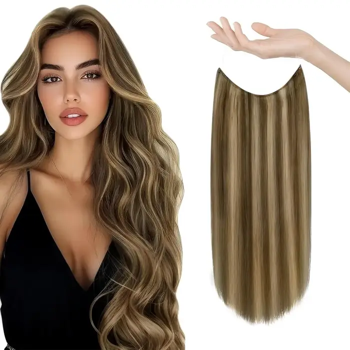Extensions de cheveux 100% naturels, type fil de pêche, avec bande ajustable et clips discrets, extensions Remy pour femmes, couleur brun chocolat