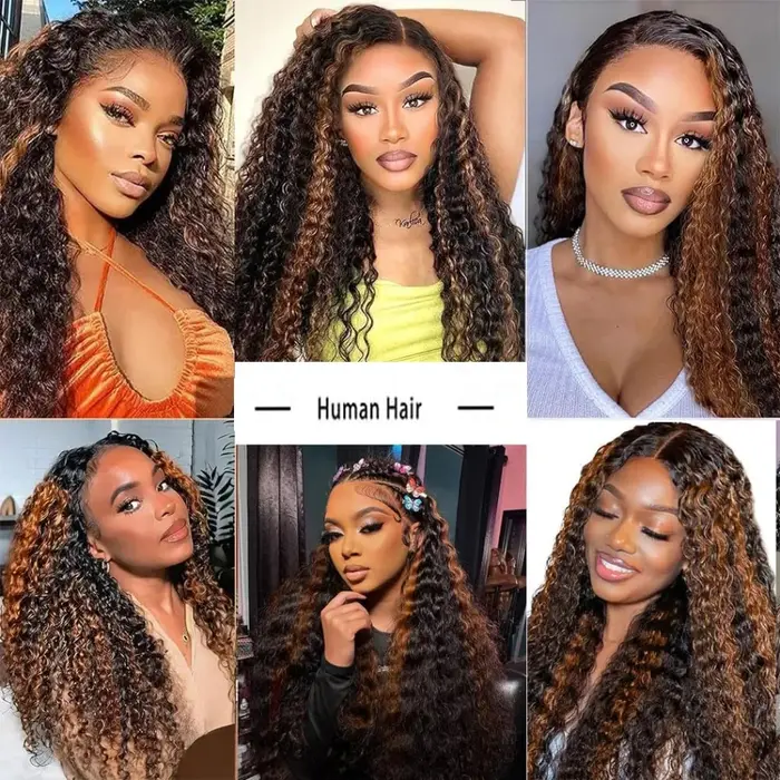 Perruque Lace Front Wig naturelle bouclée à reflets, cheveux humains, Deep Wave, 13x6, 13x4, Hd, P4/
