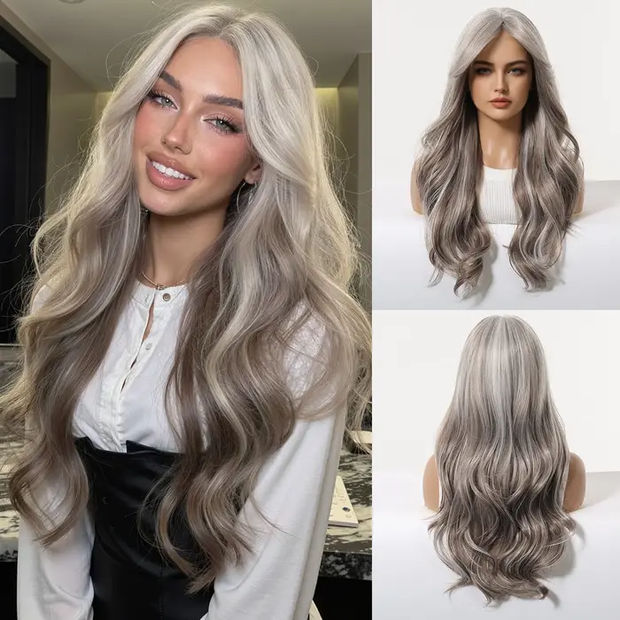 Perruque longue ondulée auburn clair avec frange pour femme