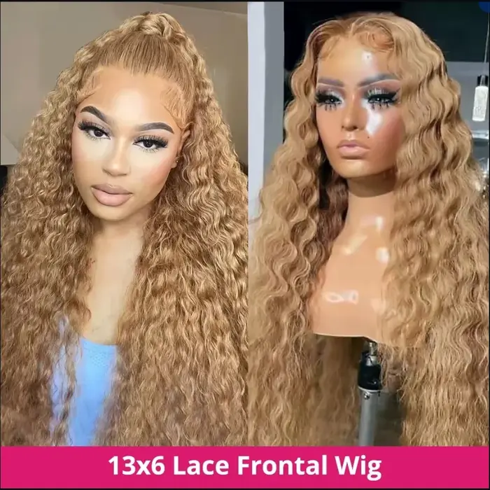 Perruques bouclées avant de dentelle blond miel cheveux humains vague profonde 13x6 HD perruques fro
