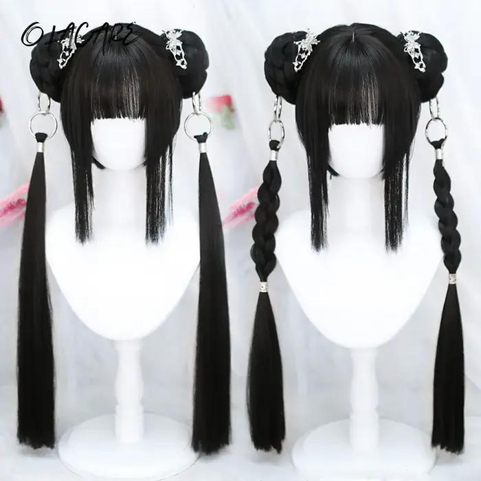 OLACARE perruque synthétique courte droite avec longue queue de cheval Hairbun Lolita Cosplay fête Harajuku