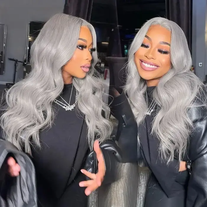 30 pouces 13x6 HD couleur gris argenté vague de corps dentelle avant perruques cheveux humains brési