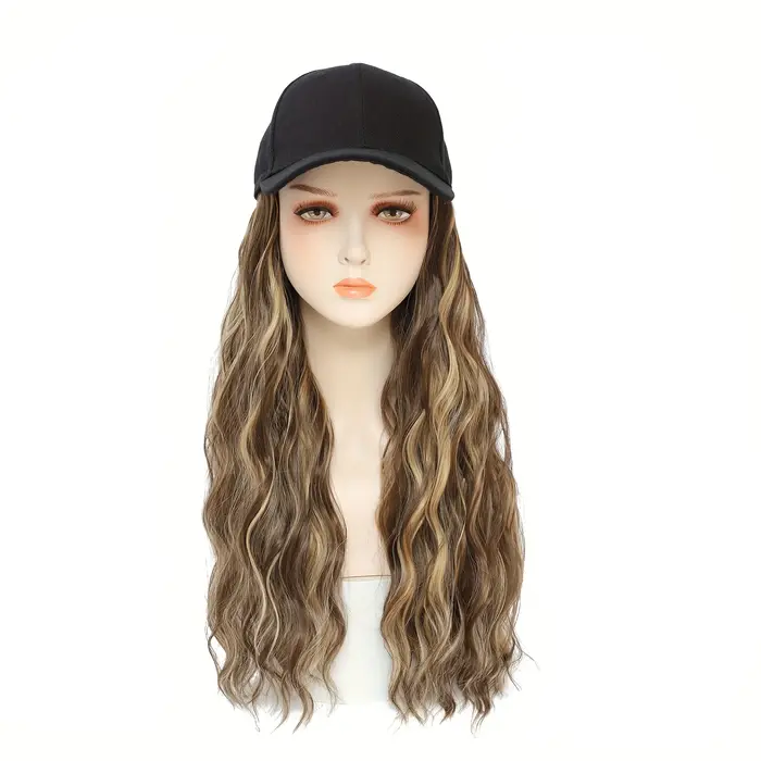 Perruque ondulée bouclée pour femmes de 18 pouces avec casquette de baseball