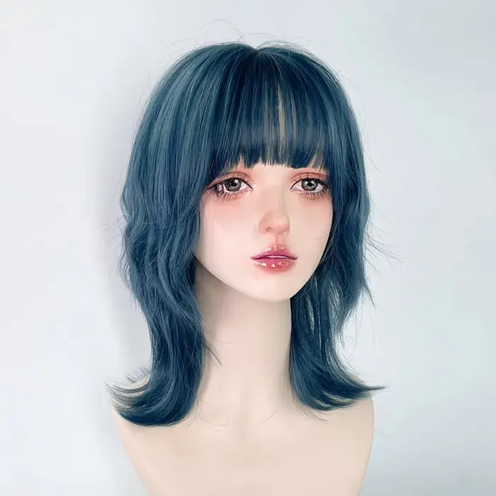 Perruque synthétique bleue à tête de mulet avec frange, perruque courte et lisse pour Cosplay Anime 