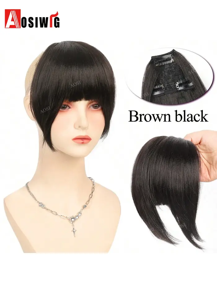 Extensions de cheveux synthétiques Yaki lisses avec frange épaisse pour femmes